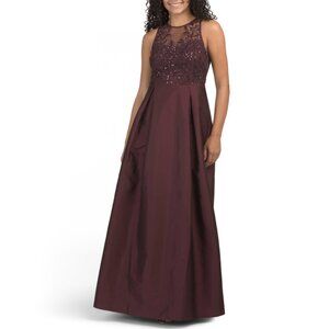 ADRIANNA PAPELL Plum Sleeveless Beaded Top Mikado Gown